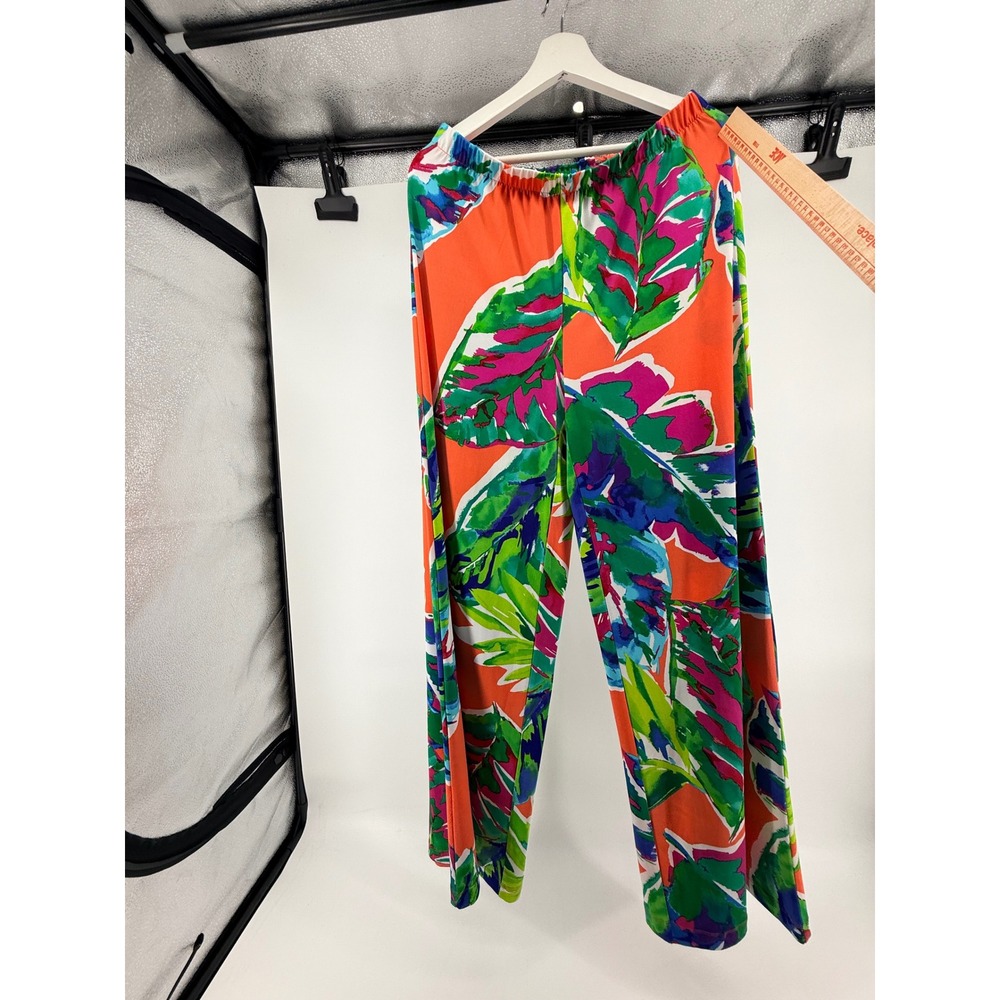 Chico's Tropical Leaf Print Wide Leg Pants Orange Green Floral Size 1 Regular